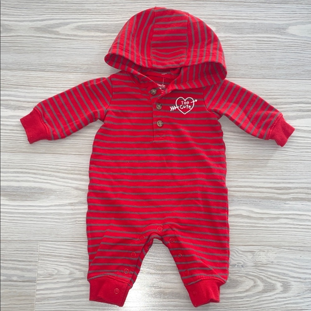 Carter’s Boys One-Piece Outfit 3M Red Gray Striped Hooded